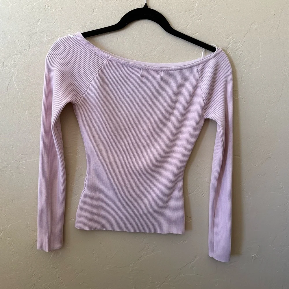 Emerson Lang Ribbed Knit Off Shoulder Top Pink Fitted Long Sleeve Medium